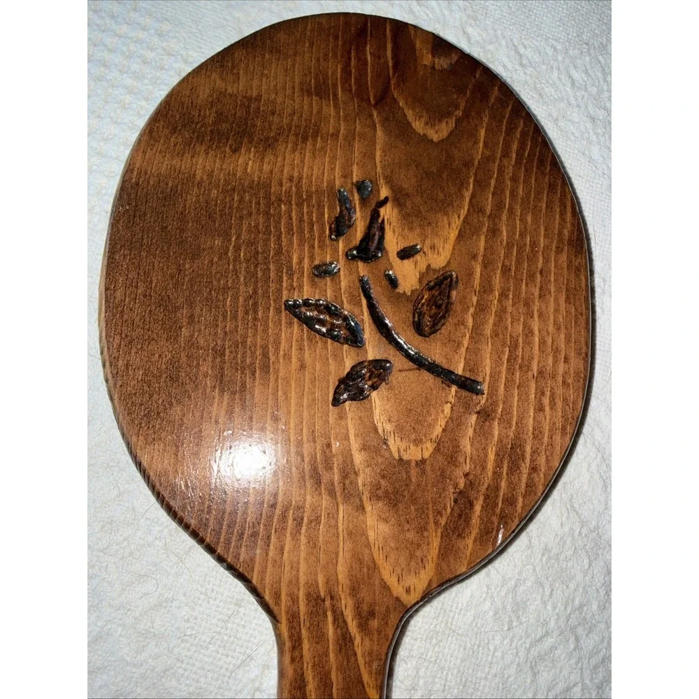 Vintage Wood Hand Held Beveled Glass Mirror Leaf Design Oval Glass 14.5 in
